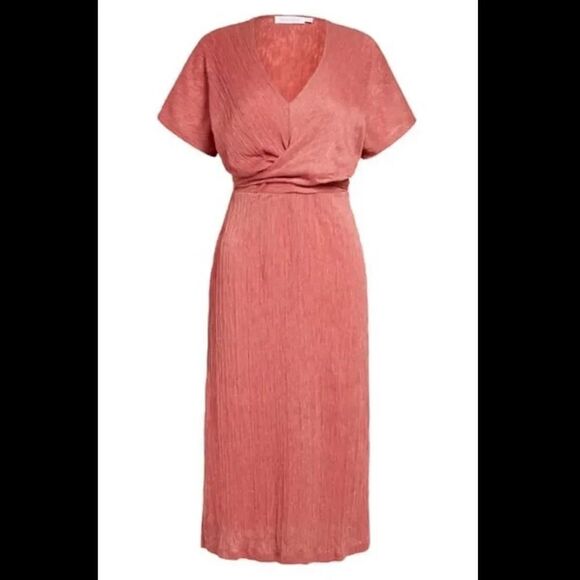 ALL IN FAVOR x NORDSTROM | Coral Pink Phoebe V-Neck Midi Dress | Size Medium - Picture 1 of 8